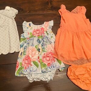 Lot of 3 Dresses: Mint & Gold Dot Dress, Blue Floral Short Dress, Coral Dress